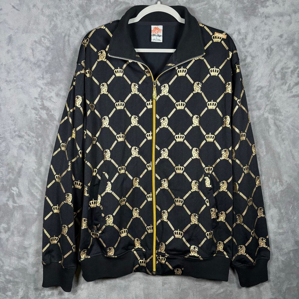 Rare Vintage Johnny Blaze Black Gold Crown Lion Print Track Jacket Large